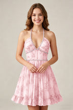 Crystal Halter Neck Blush Pink Floral Chiffon Mini Homecoming Dresses