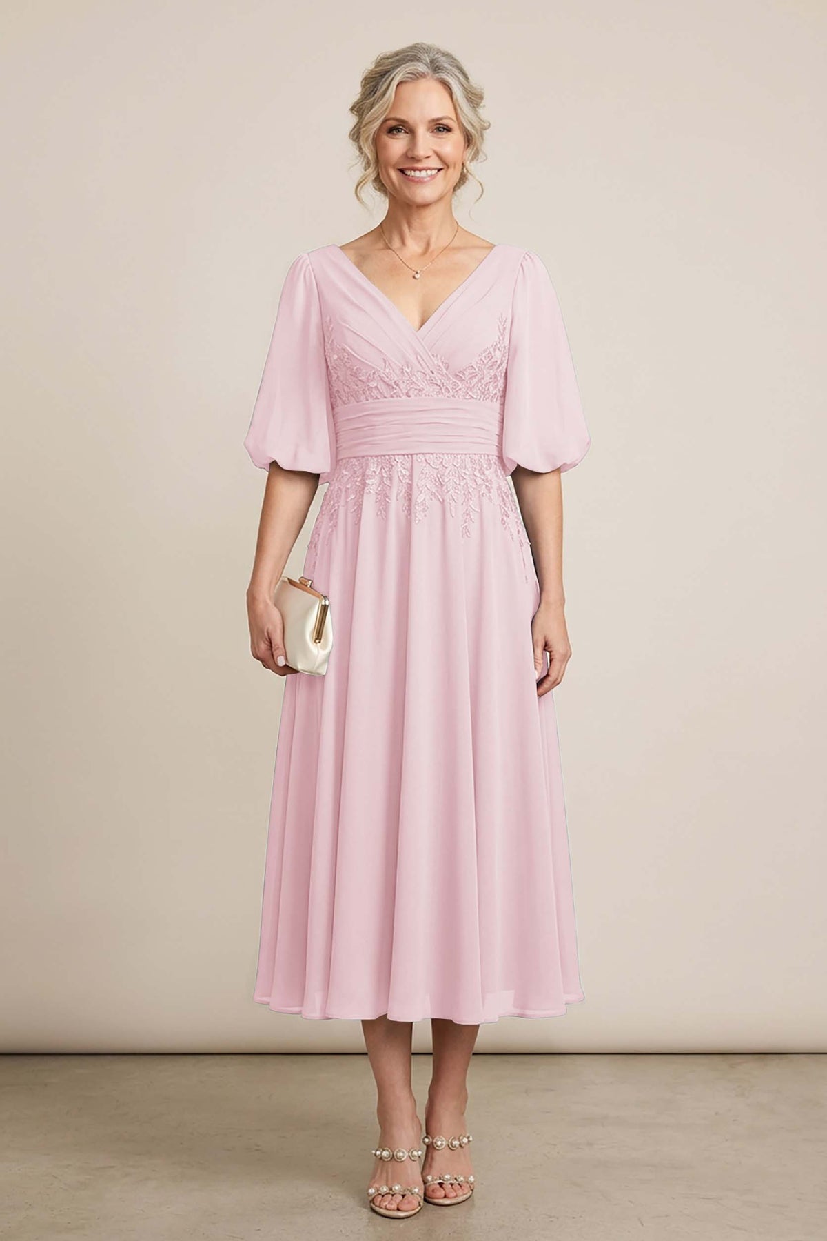 Dusty Blue V-Neck Lace Chiffon Tea-Length Mother Dresses
