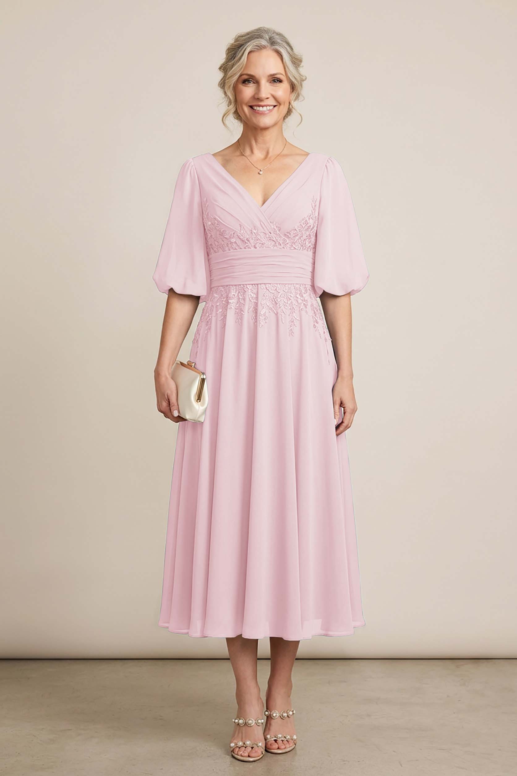 Dusty Blue V-Neck Lace Chiffon Tea-Length Mother Dresses