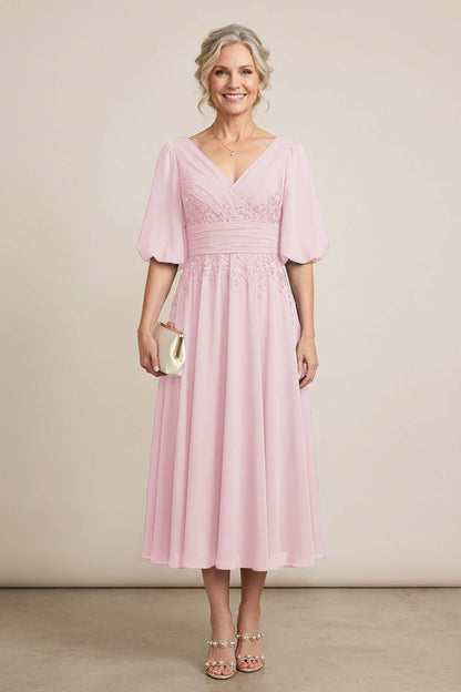 Dusty Blue V-Neck Lace Chiffon Tea-Length Mother Dresses