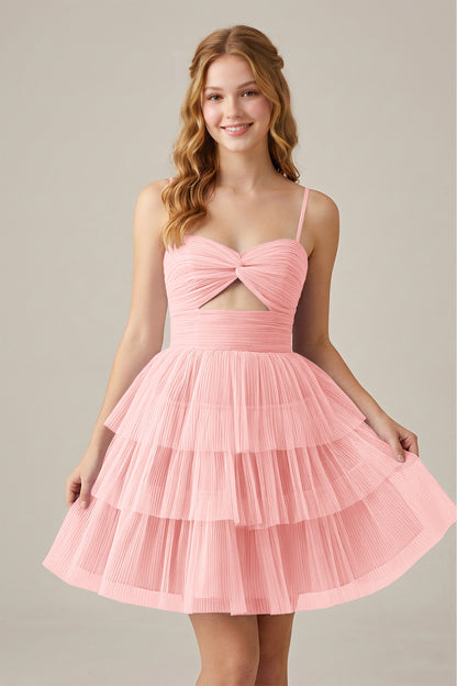 Olive Green Sleeveless Pleated Tulle Cutout Tiered Homecoming Dresses