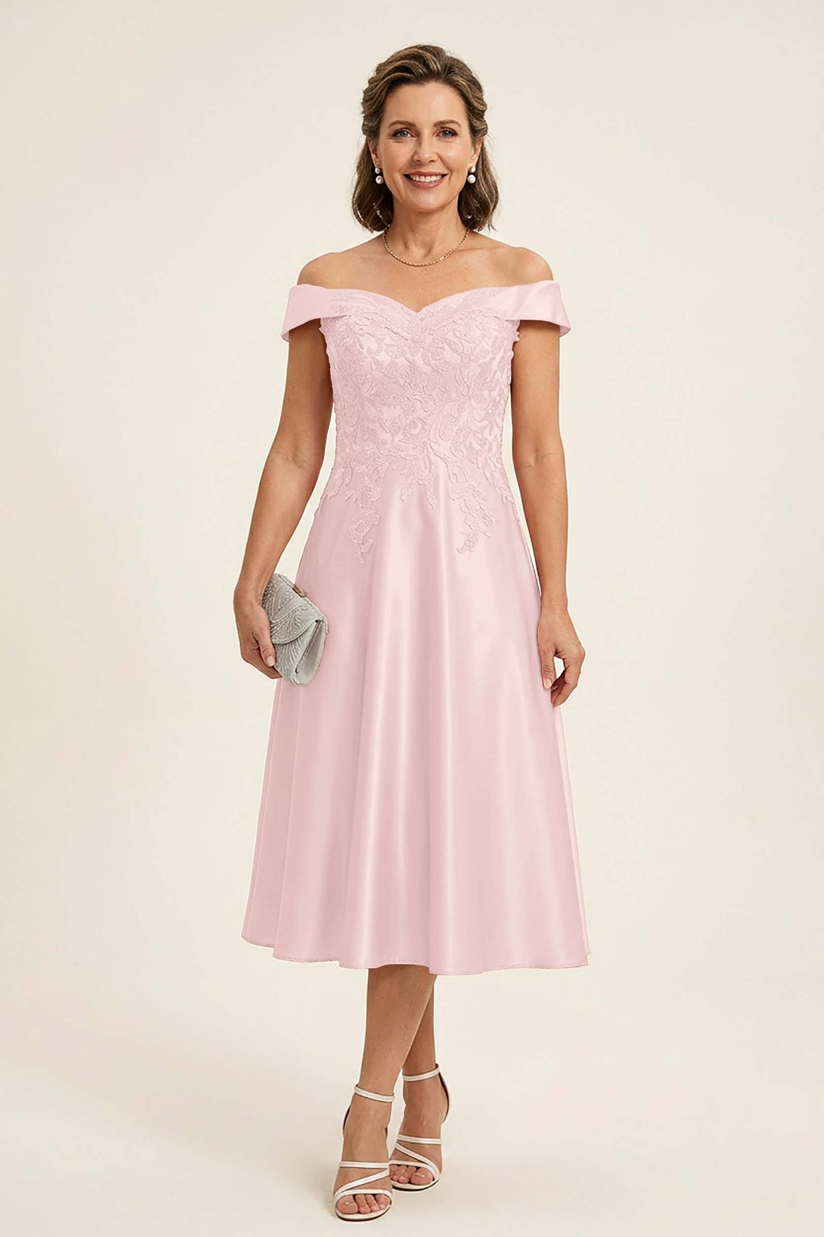 Peach Pink Off Shoulder Imitation Stretch Satin Tea-Length Mother Dresses