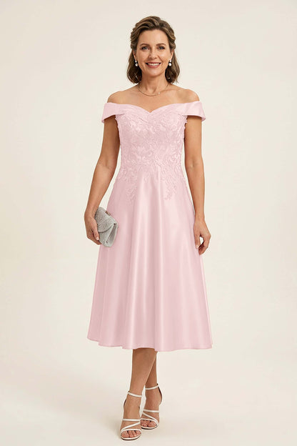 Peach Pink Off Shoulder Imitation Stretch Satin Tea-Length Mother Dresses