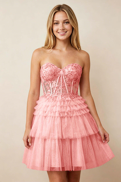 Strapless Misty Rose Lace Illusion Corset Glitter Tulle Homecoming Dresses