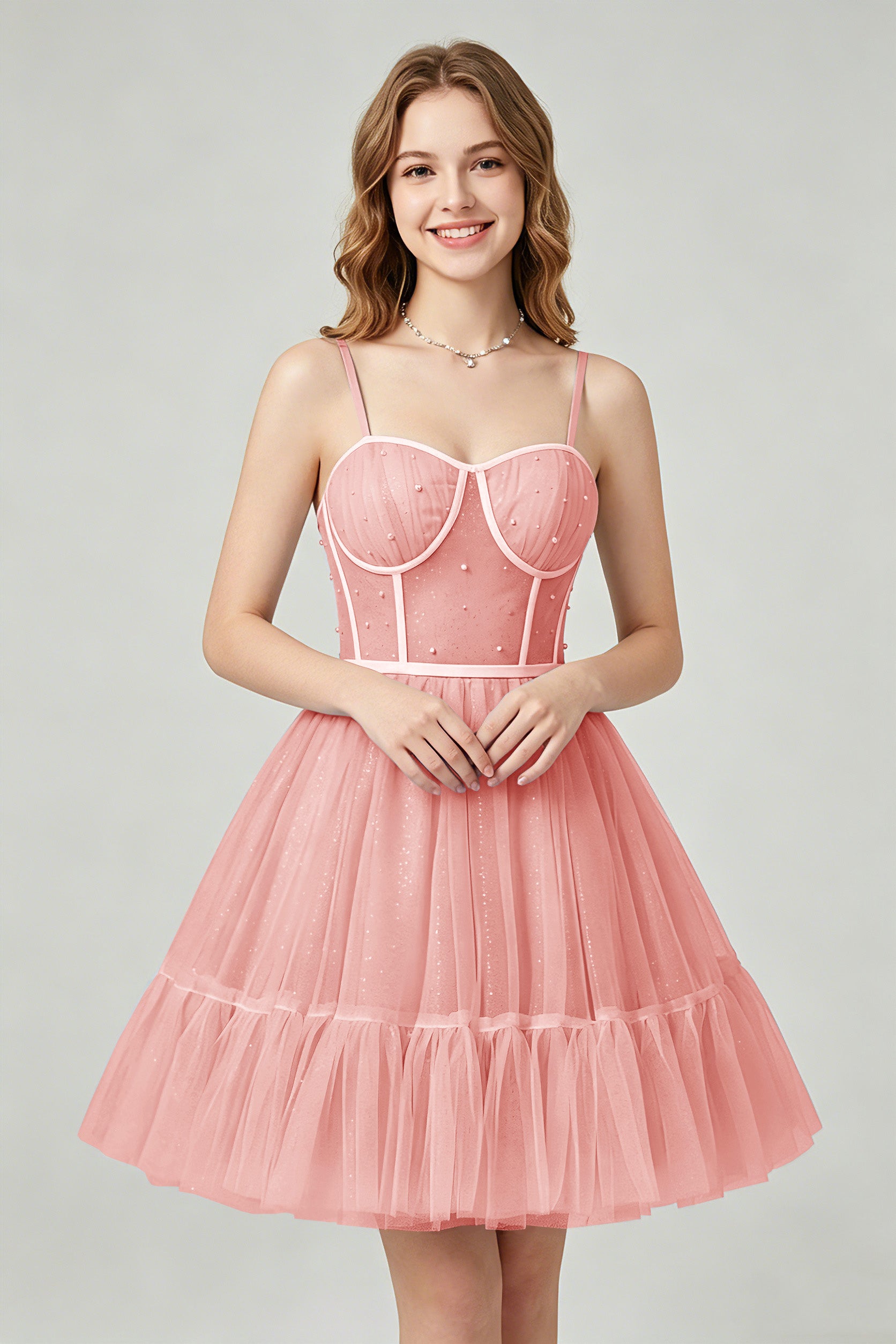Sweetheart Neckline Brown Tulle Corset Homecoming Dresses with Pearl Accents