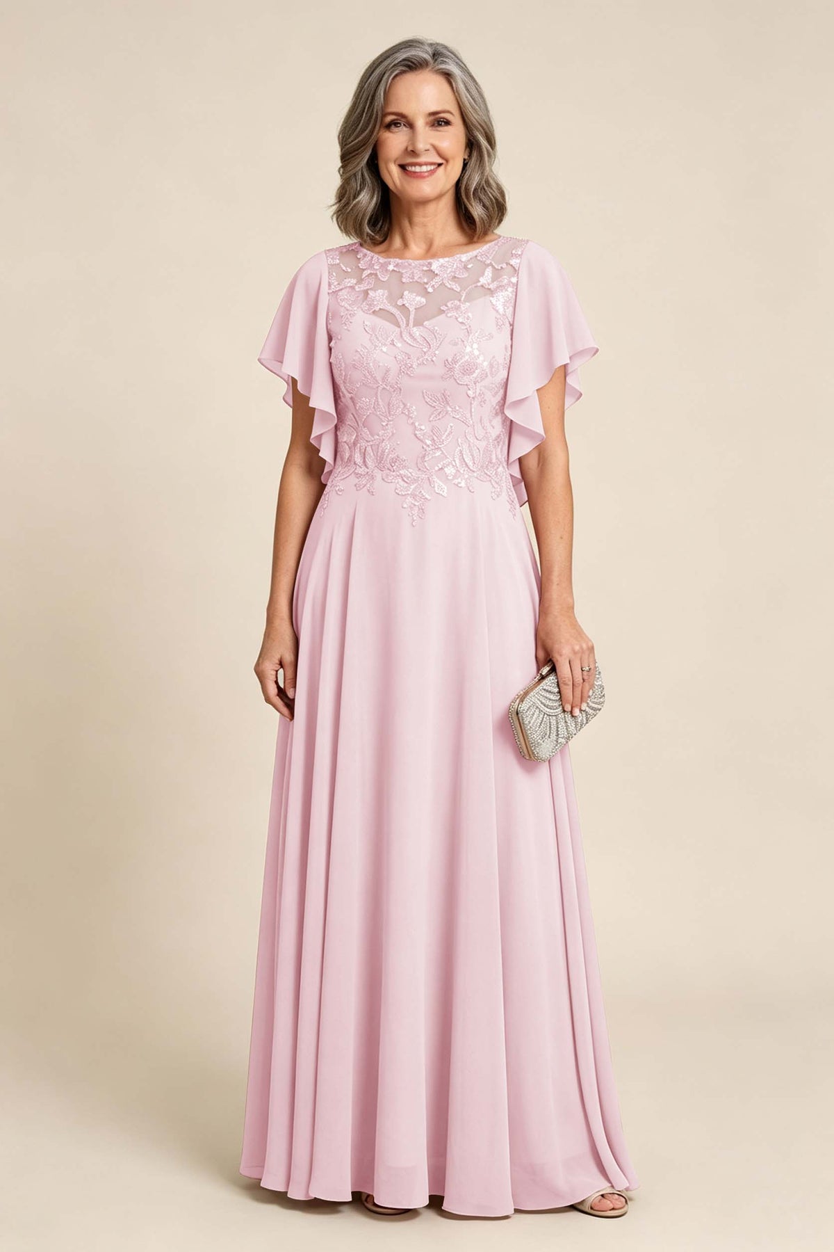 Lilac Scoop Neck Flutter Sleeve Lace Appliques Chiffon Mother Dresses