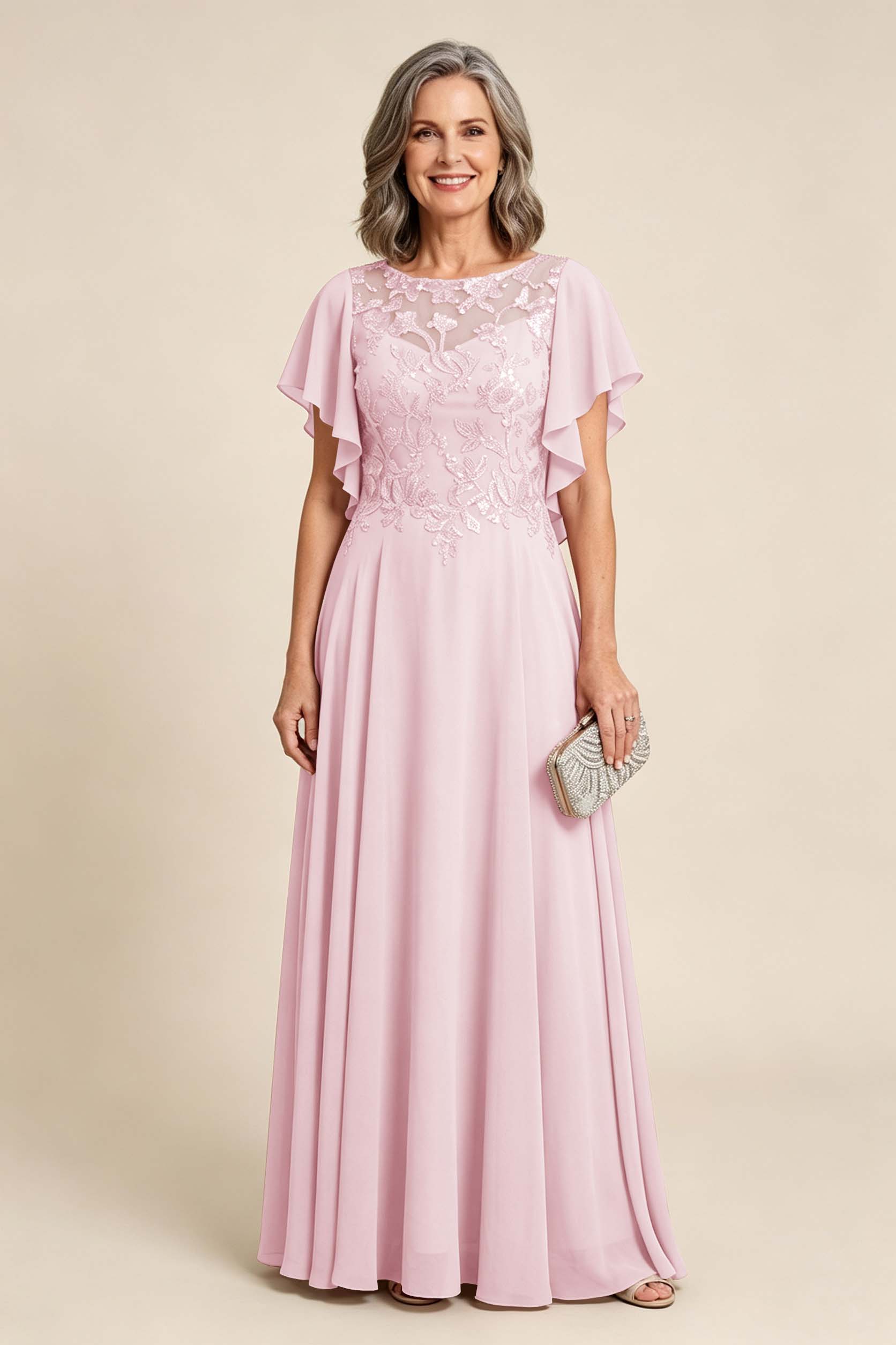 Lilac Scoop Neck Flutter Sleeve Lace Appliques Chiffon Mother Dresses