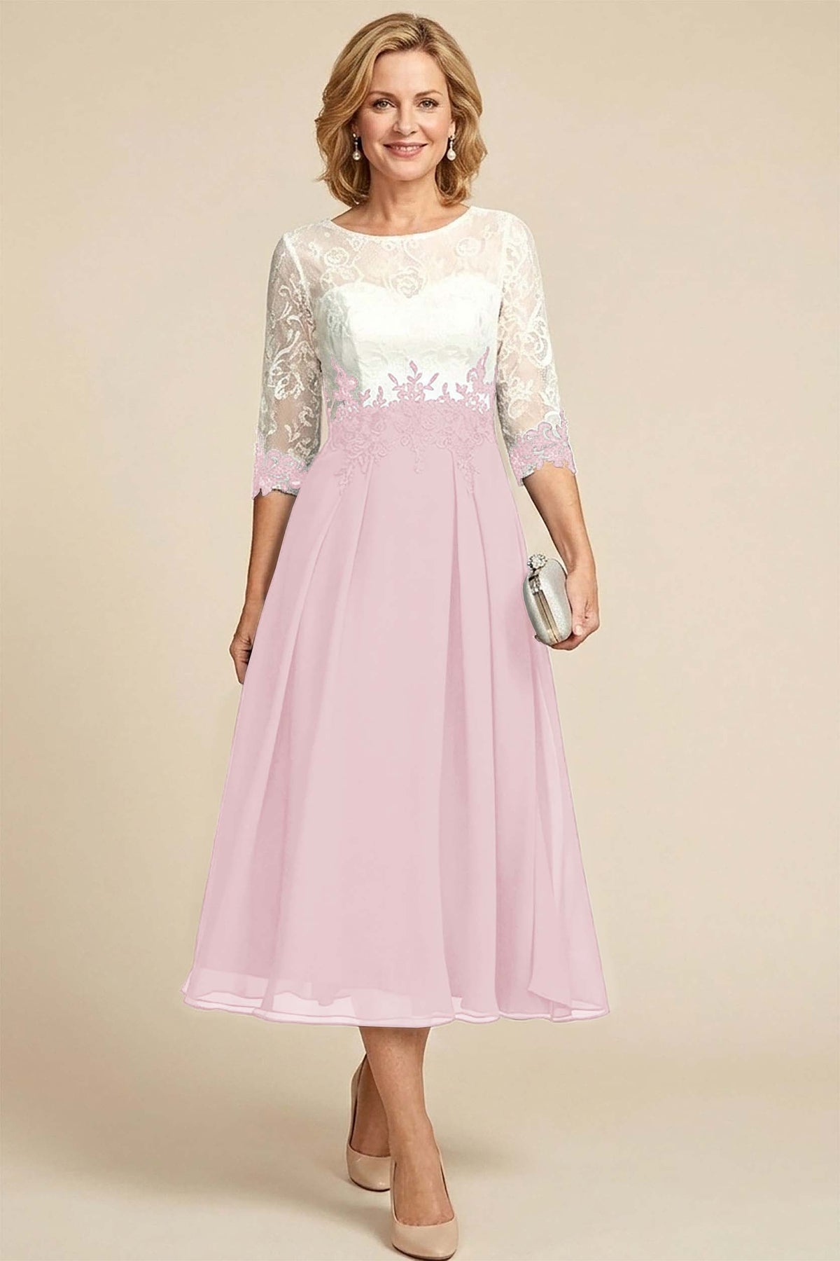 Navy Blue 3/4 Sleeve Two-Tone Lace Chiffon Mother Dresses