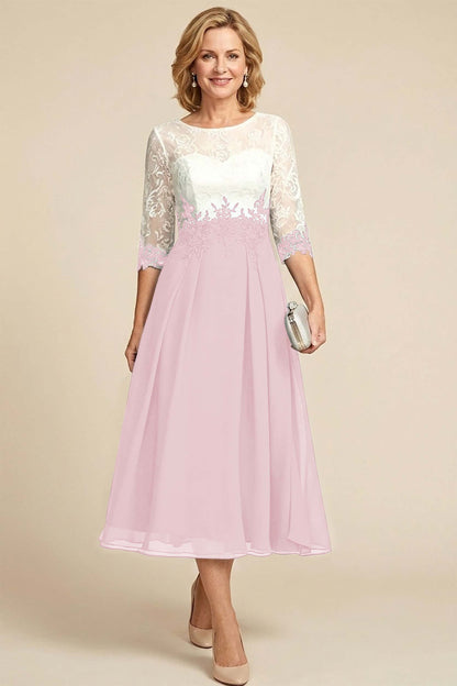 Navy Blue 3/4 Sleeve Two-Tone Lace Chiffon Mother Dresses