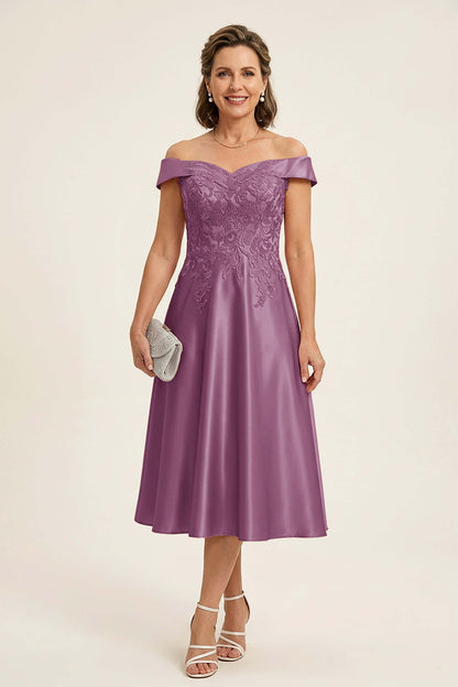 Peach Pink Off Shoulder Imitation Stretch Satin Tea-Length Mother Dresses