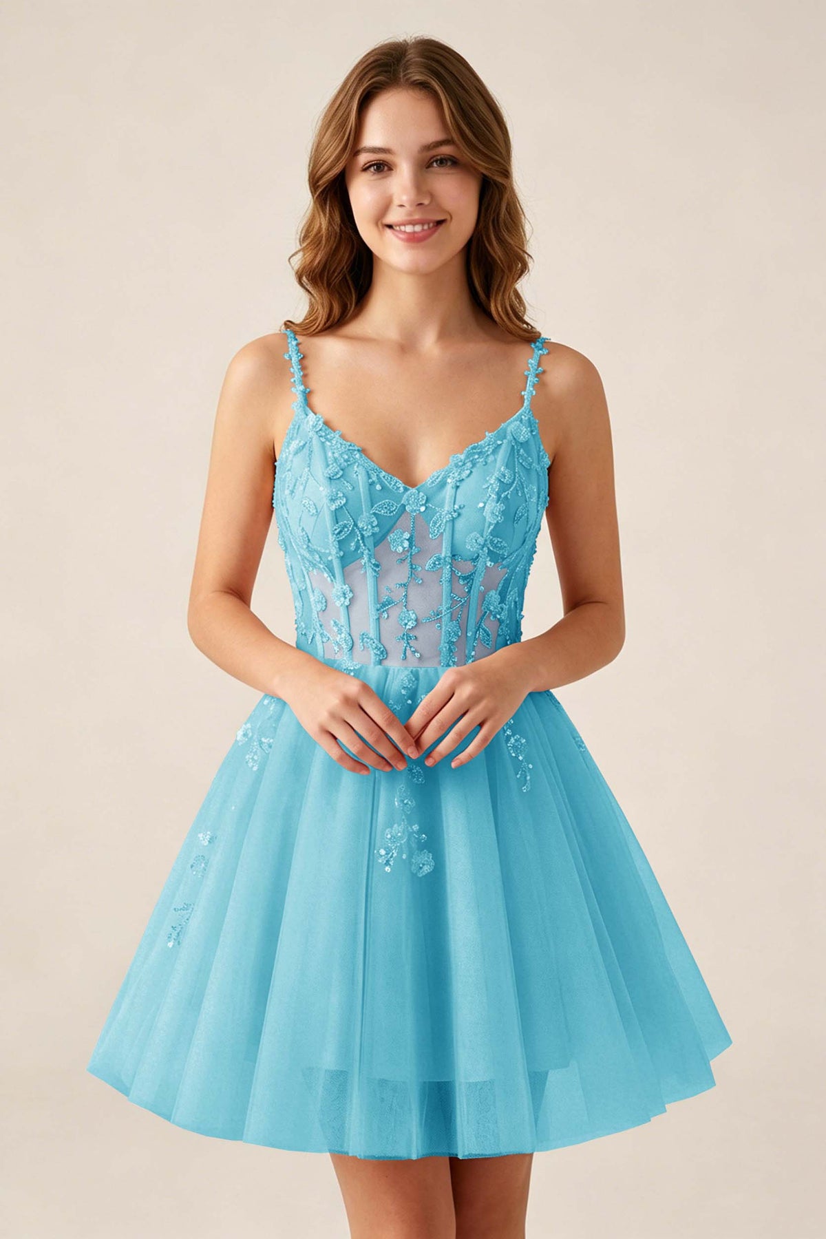 Blush Pink Sequin Corset Sleeveless Short Tulle Homecoming Dresses