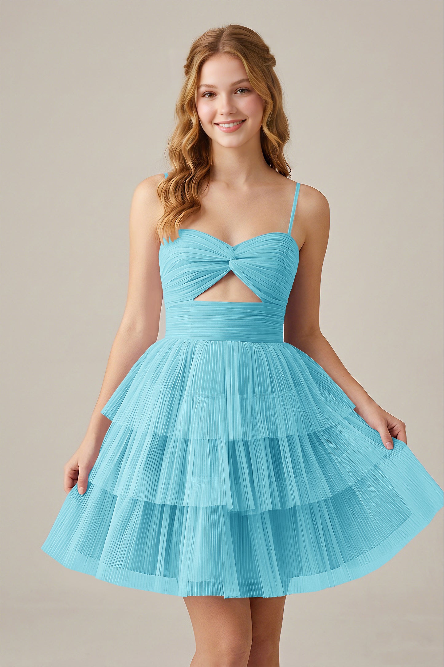 Olive Green Sleeveless Pleated Tulle Cutout Tiered Homecoming Dresses