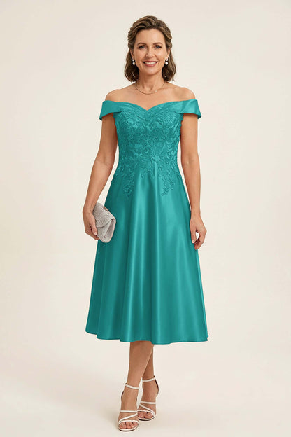 Peach Pink Off Shoulder Imitation Stretch Satin Tea-Length Mother Dresses