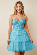 Strapless Misty Rose Lace Illusion Corset Glitter Tulle Homecoming Dresses