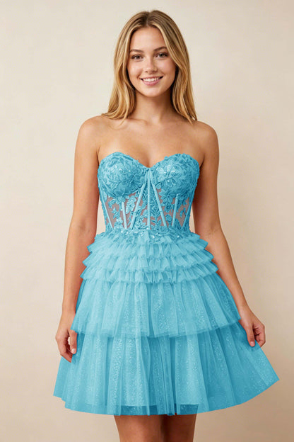 Strapless Misty Rose Lace Illusion Corset Glitter Tulle Homecoming Dresses