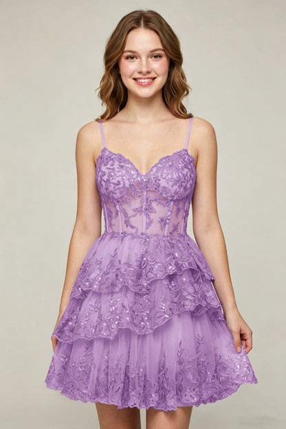 Lavender Sequin Layered Tiered Short Tulle Homecoming Dresses