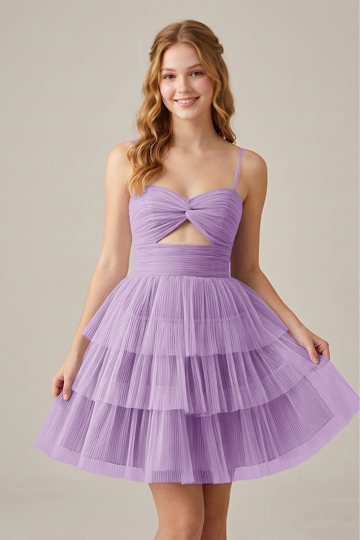 Olive Green Sleeveless Pleated Tulle Cutout Tiered Homecoming Dresses