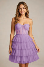 Strapless Mint Green Tulle Tiered Homecoming Dresses With Illusion Corset