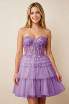 Strapless Misty Rose Lace Illusion Corset Glitter Tulle Homecoming Dresses