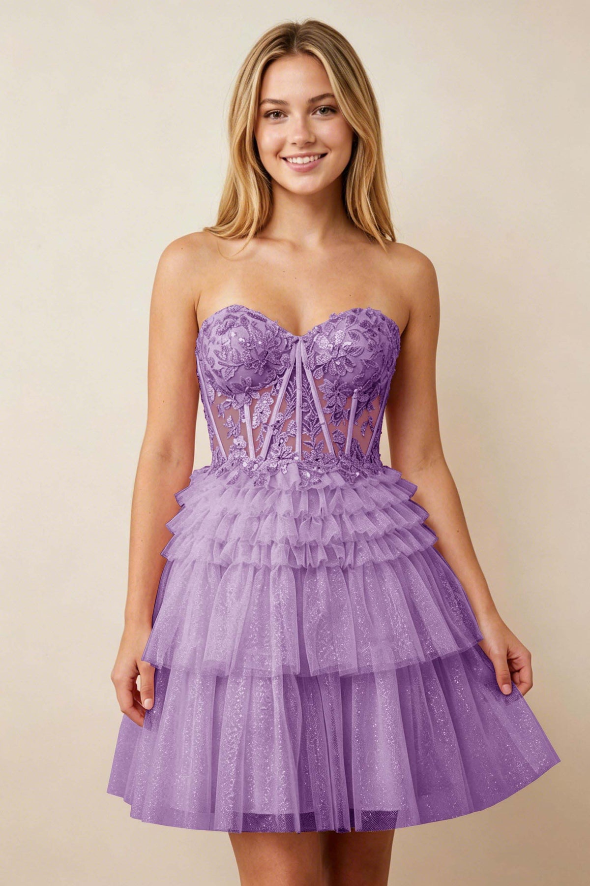 Strapless Misty Rose Lace Illusion Corset Glitter Tulle Homecoming Dresses