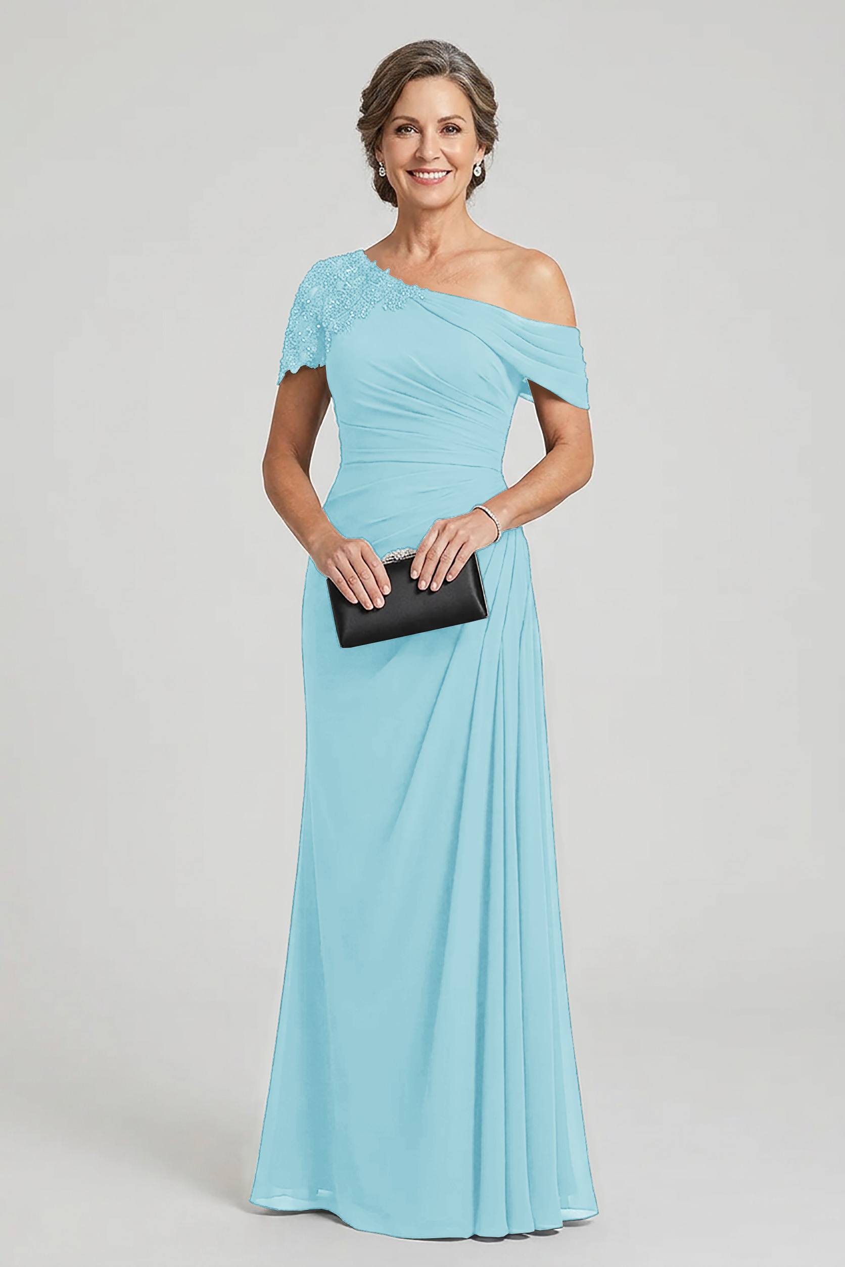 Black One-Shoulder Beaded Ruched Chiffon Mother Dresses
