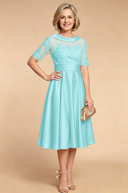 Champagne Imitation Stretch Satin Elbow Sleeve Tea-Length Mother Dresses