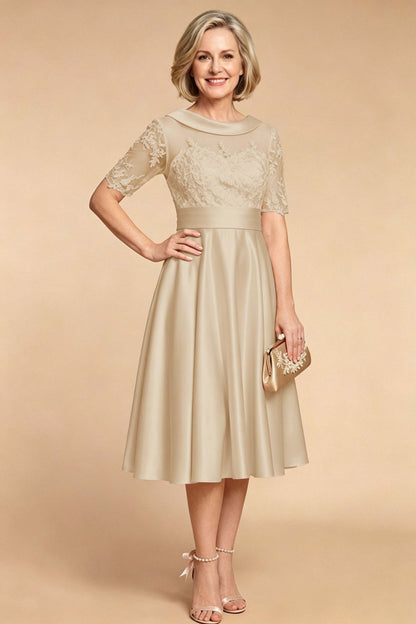 Champagne Imitation Stretch Satin Elbow Sleeve Tea-Length Mother Dresses
