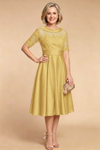 Champagne Imitation Stretch Satin Elbow Sleeve Tea-Length Mother Dresses