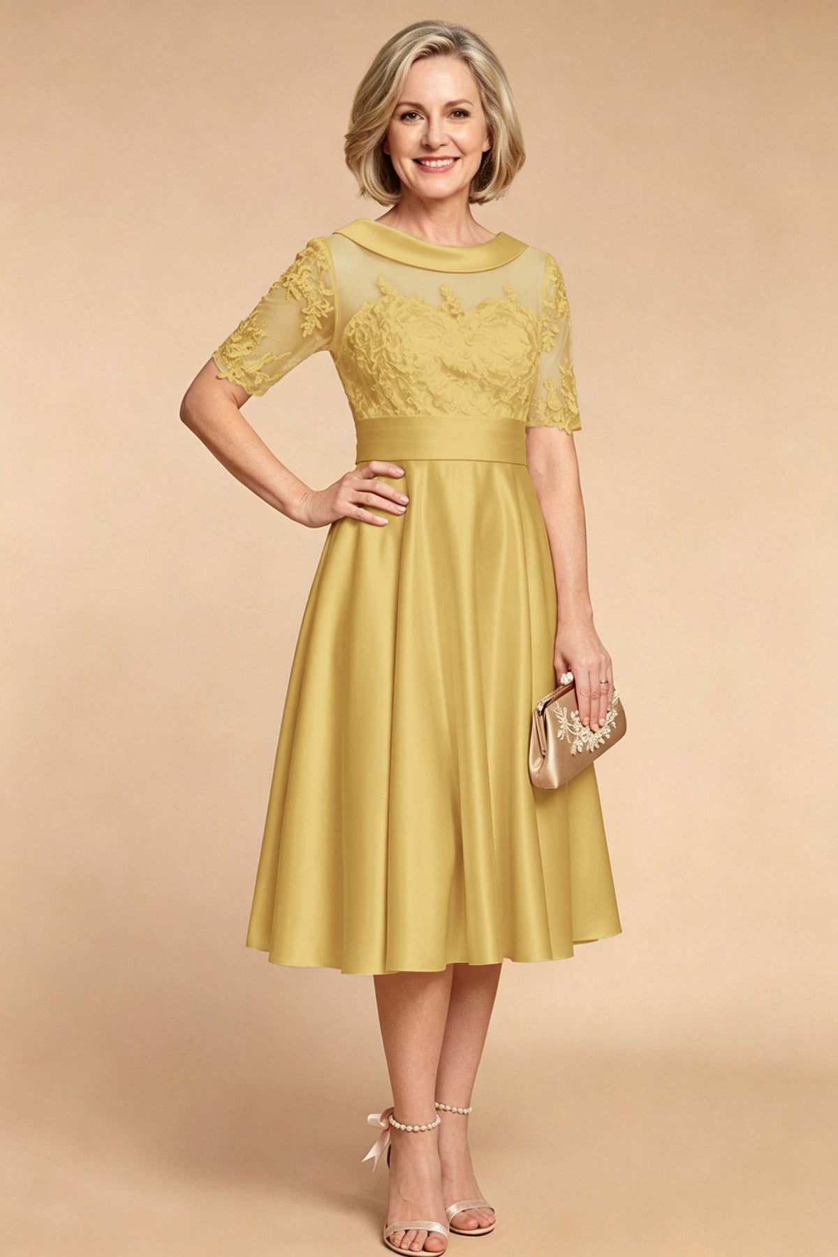 Champagne Imitation Stretch Satin Elbow Sleeve Tea-Length Mother Dresses