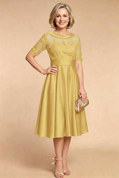 Champagne Imitation Stretch Satin Elbow Sleeve Tea-Length Mother Dresses
