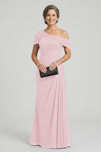 Black One-Shoulder Beaded Ruched Chiffon Mother Dresses