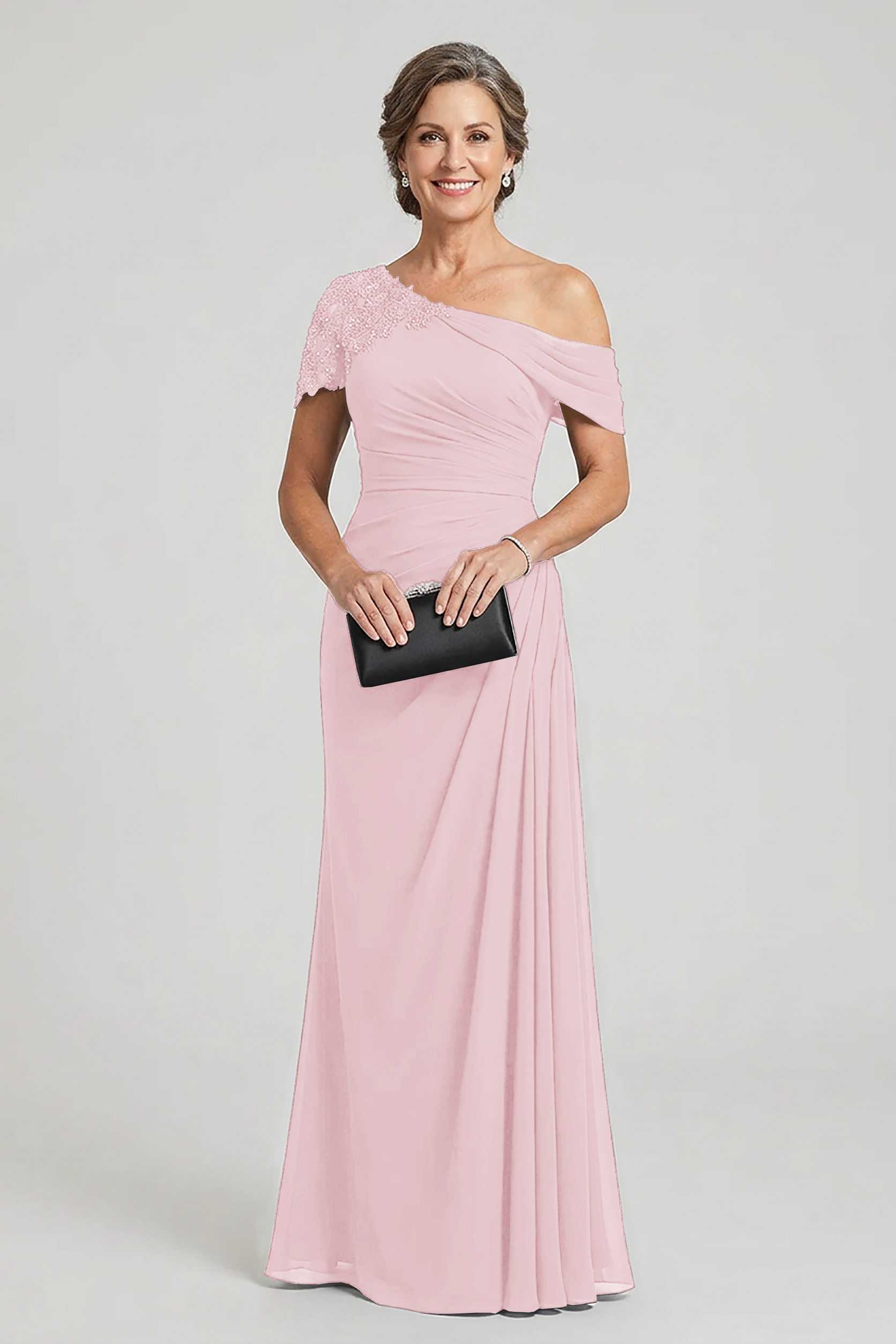 Black One-Shoulder Beaded Ruched Chiffon Mother Dresses