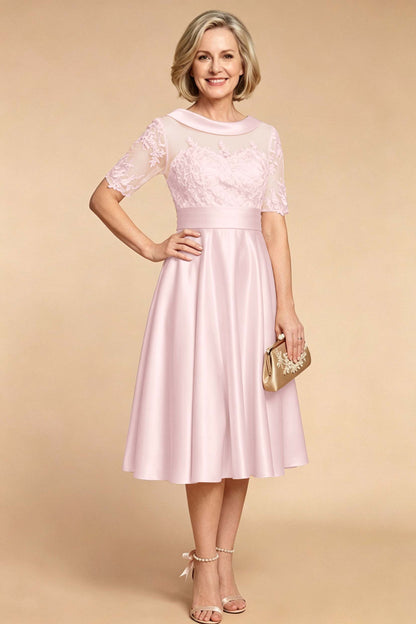 Champagne Imitation Stretch Satin Elbow Sleeve Tea-Length Mother Dresses