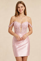 Light Pink Lace Illusion Corset Stretch Satin Mini Homecoming Dresses