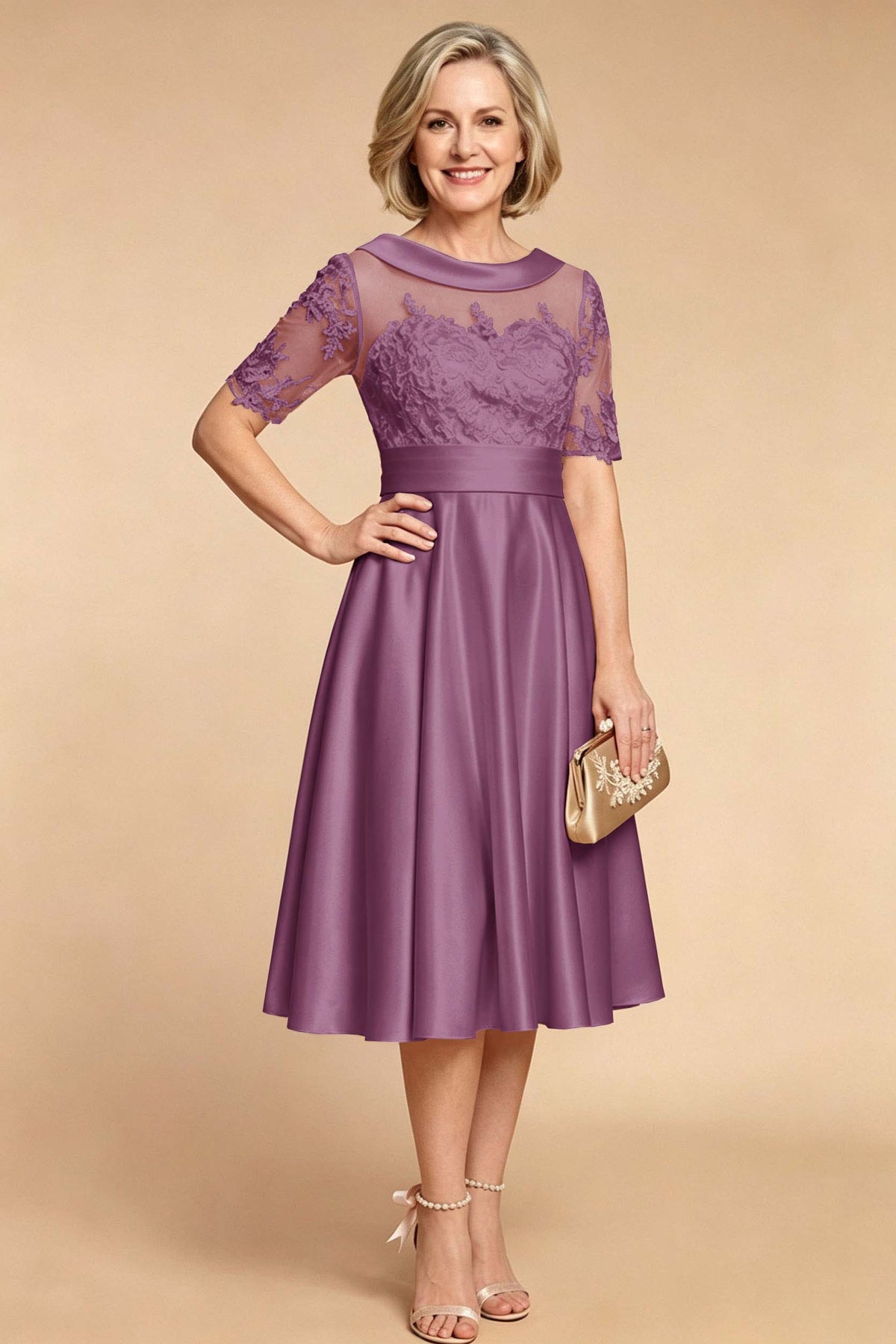 Champagne Imitation Stretch Satin Elbow Sleeve Tea-Length Mother Dresses