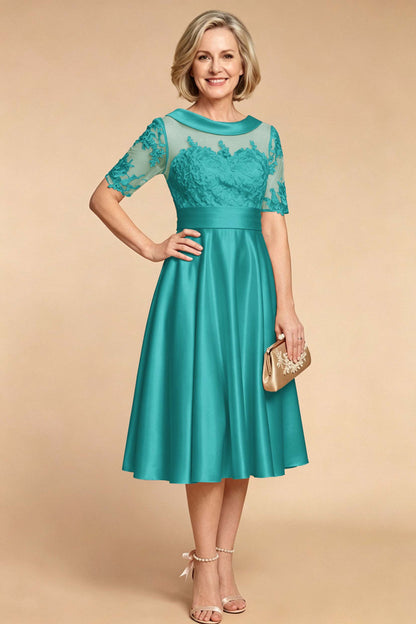 Champagne Imitation Stretch Satin Elbow Sleeve Tea-Length Mother Dresses