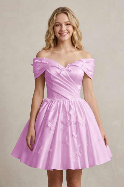 A Line Off Shoulder Ivory Satin Short Homecoming Dresses