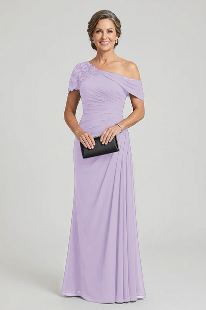 Black One-Shoulder Beaded Ruched Chiffon Mother Dresses