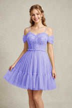 Cold Shoulder Lilac Tulle Dresses with Corset Bodice and Lace Appliques