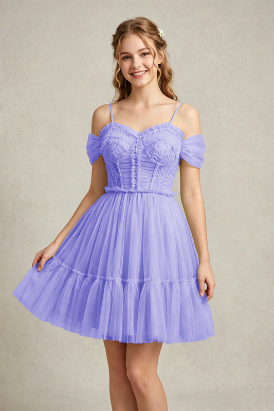 Cold Shoulder Lilac Tulle Dresses with Corset Bodice and Lace Appliques