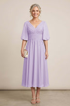 Dusty Blue V-Neck Lace Chiffon Tea-Length Mother Dresses