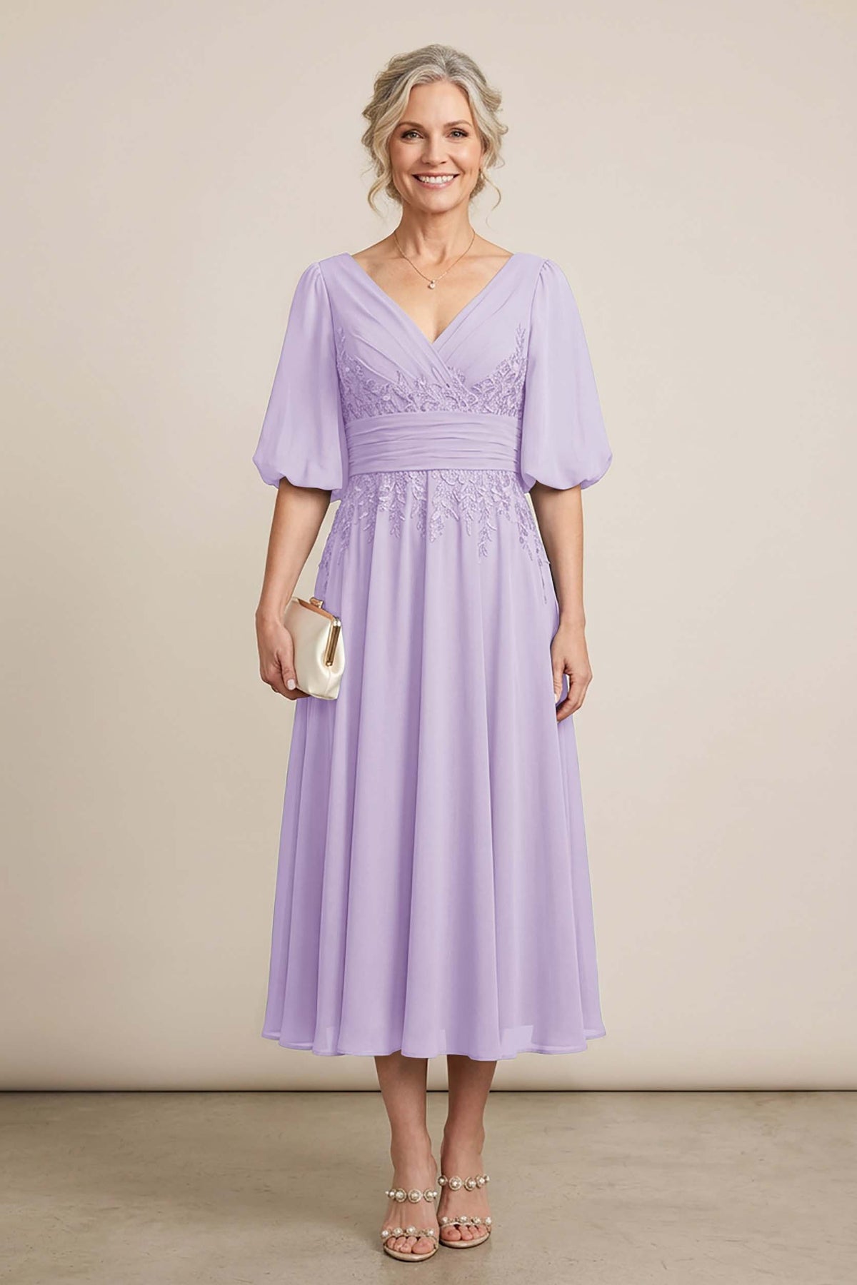 Dusty Blue V-Neck Lace Chiffon Tea-Length Mother Dresses