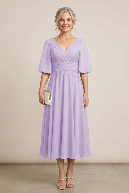 Dusty Blue V-Neck Lace Chiffon Tea-Length Mother Dresses