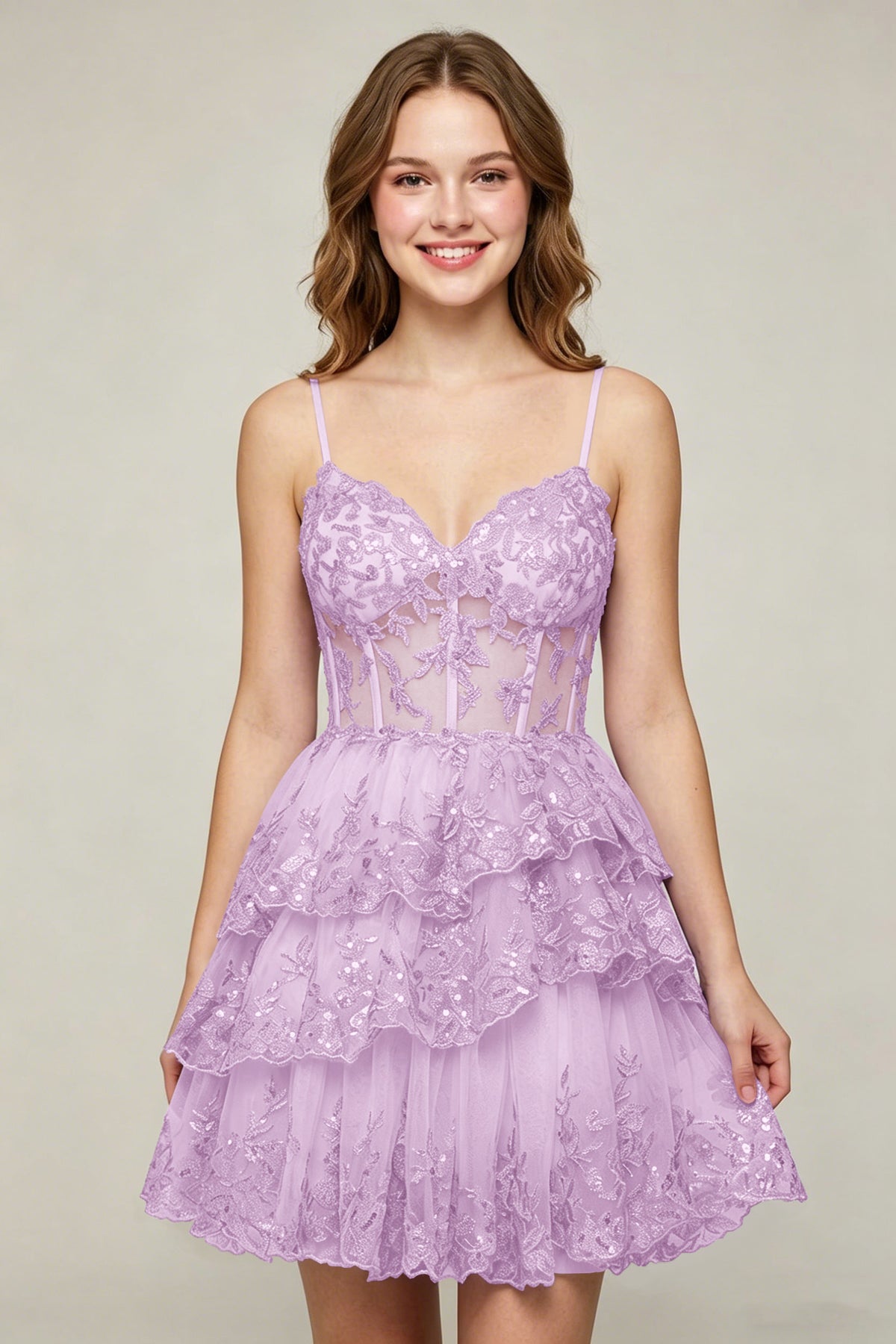 Lavender Sequin Layered Tiered Short Tulle Homecoming Dresses