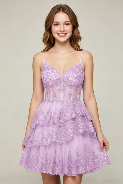 Lavender Sequin Layered Tiered Short Tulle Homecoming Dresses