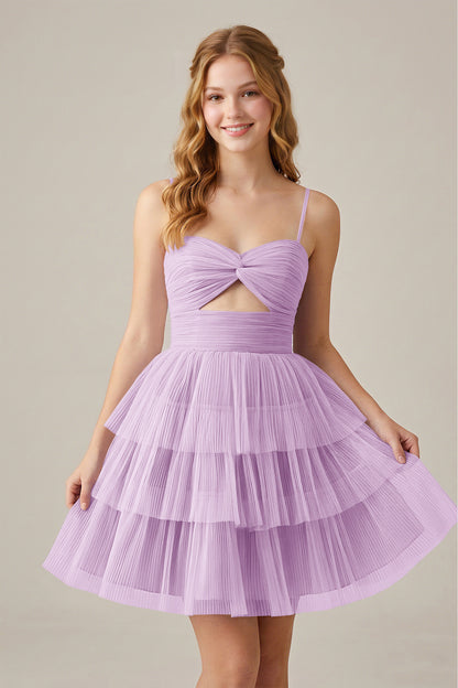 Olive Green Sleeveless Pleated Tulle Cutout Tiered Homecoming Dresses