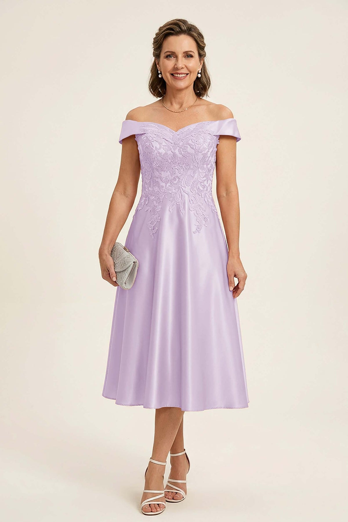 Peach Pink Off Shoulder Imitation Stretch Satin Tea-Length Mother Dresses