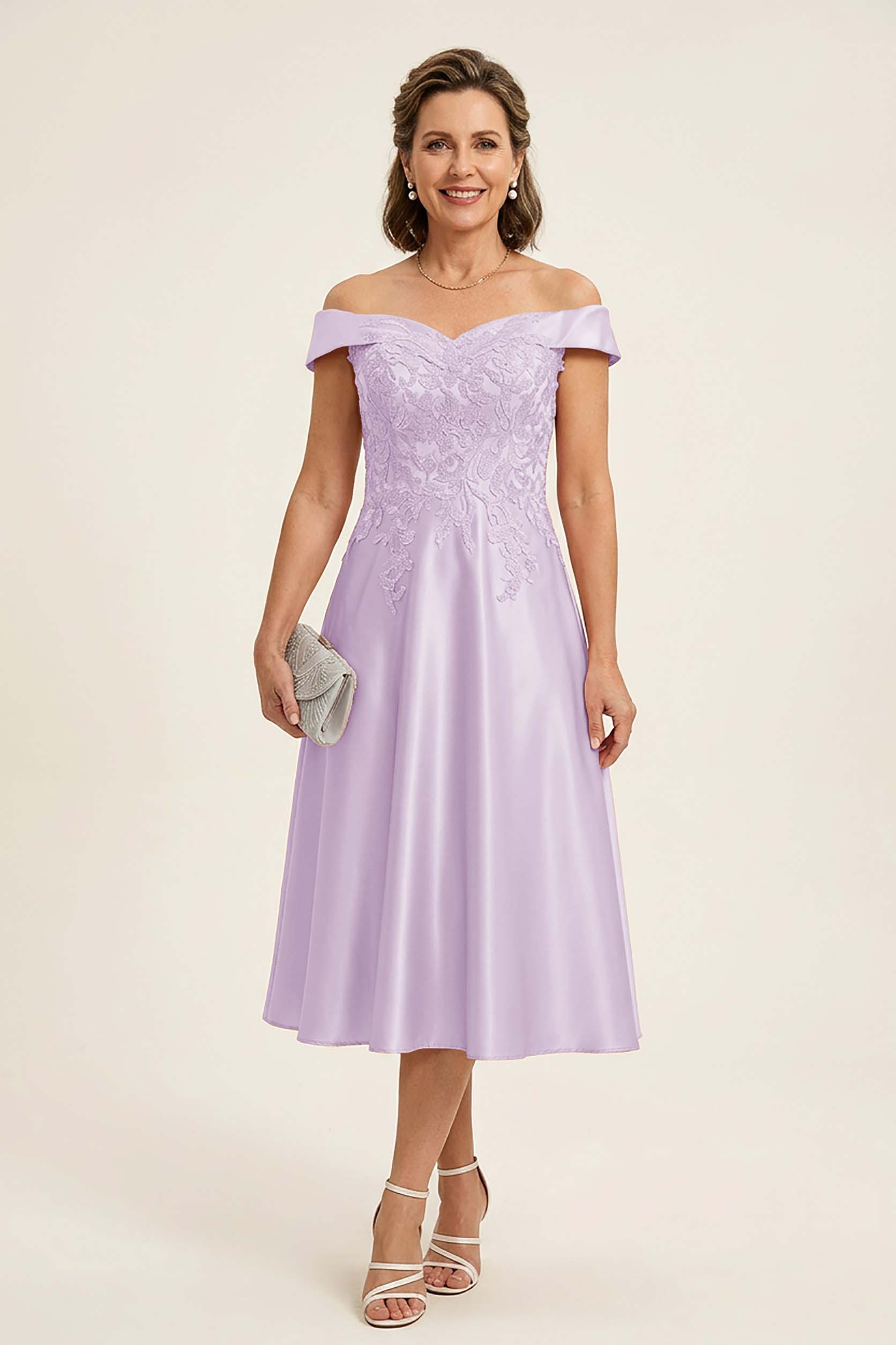 Peach Pink Off Shoulder Imitation Stretch Satin Tea-Length Mother Dresses