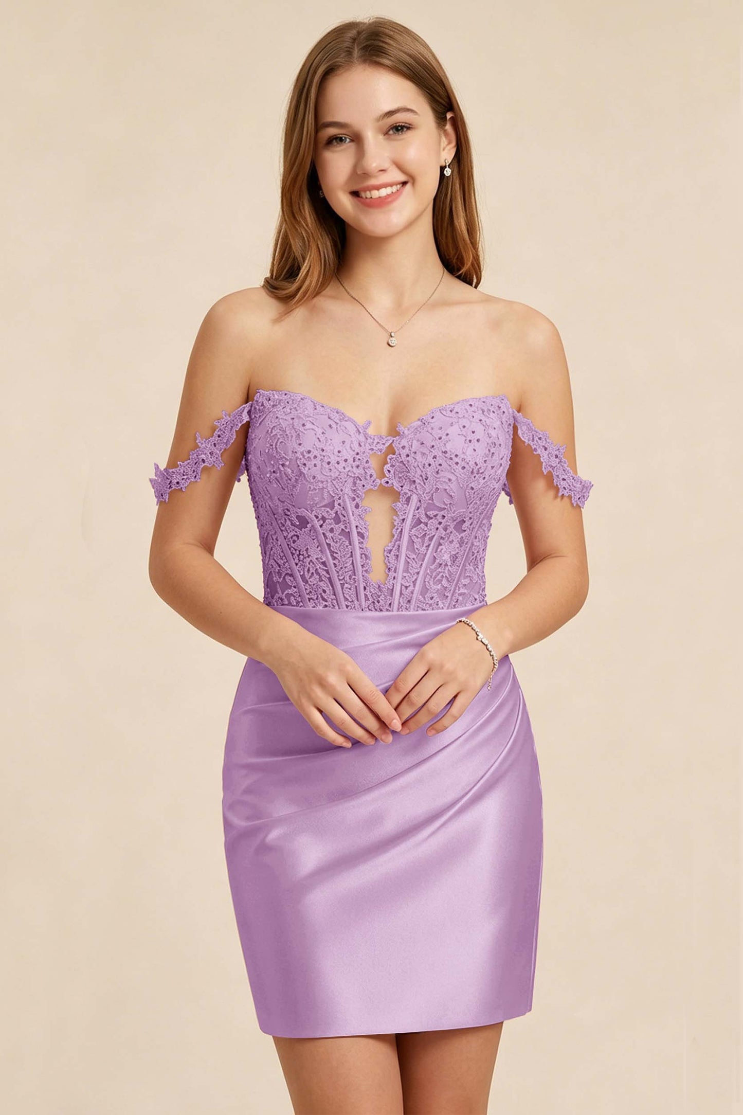 Light Pink Lace Illusion Corset Stretch Satin Mini Homecoming Dresses
