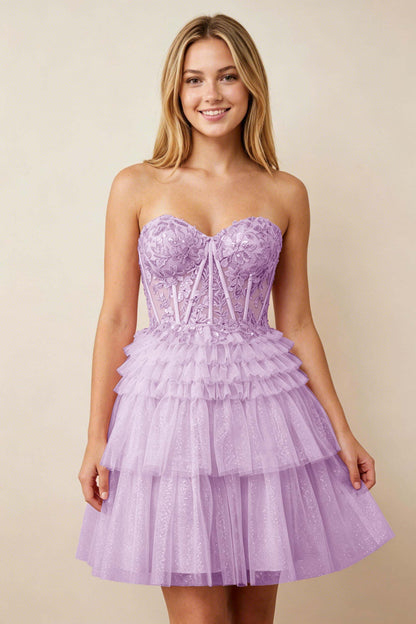 Strapless Misty Rose Lace Illusion Corset Glitter Tulle Homecoming Dresses